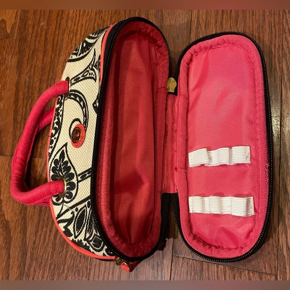 Spartina 449 Purse Cosmetic Bag Mini Bowler Beige/Black/Pink Linen/Leather